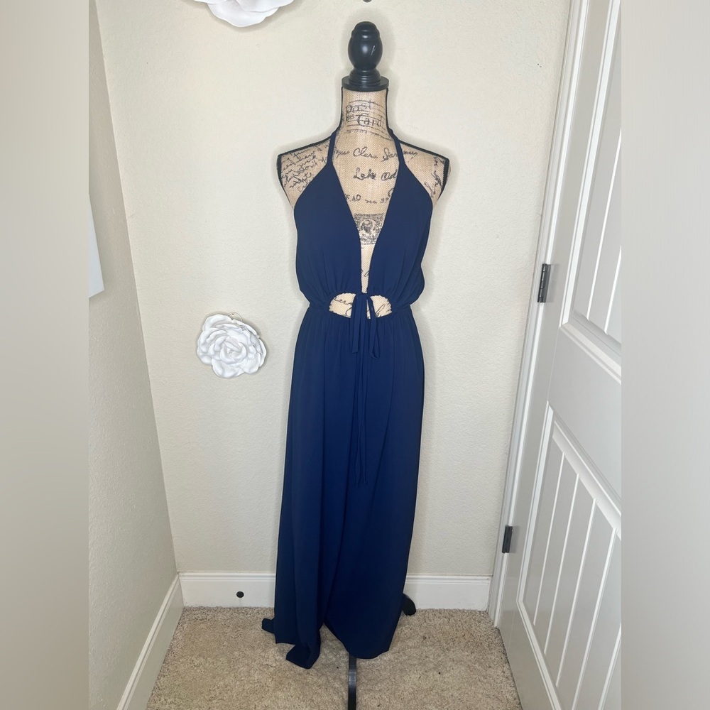 NTM: Tyche Navy Halter Cutout Wide-Leg Jumpsuit Flowy Boho Wear One-Piece Size L - Picture 3 of 16